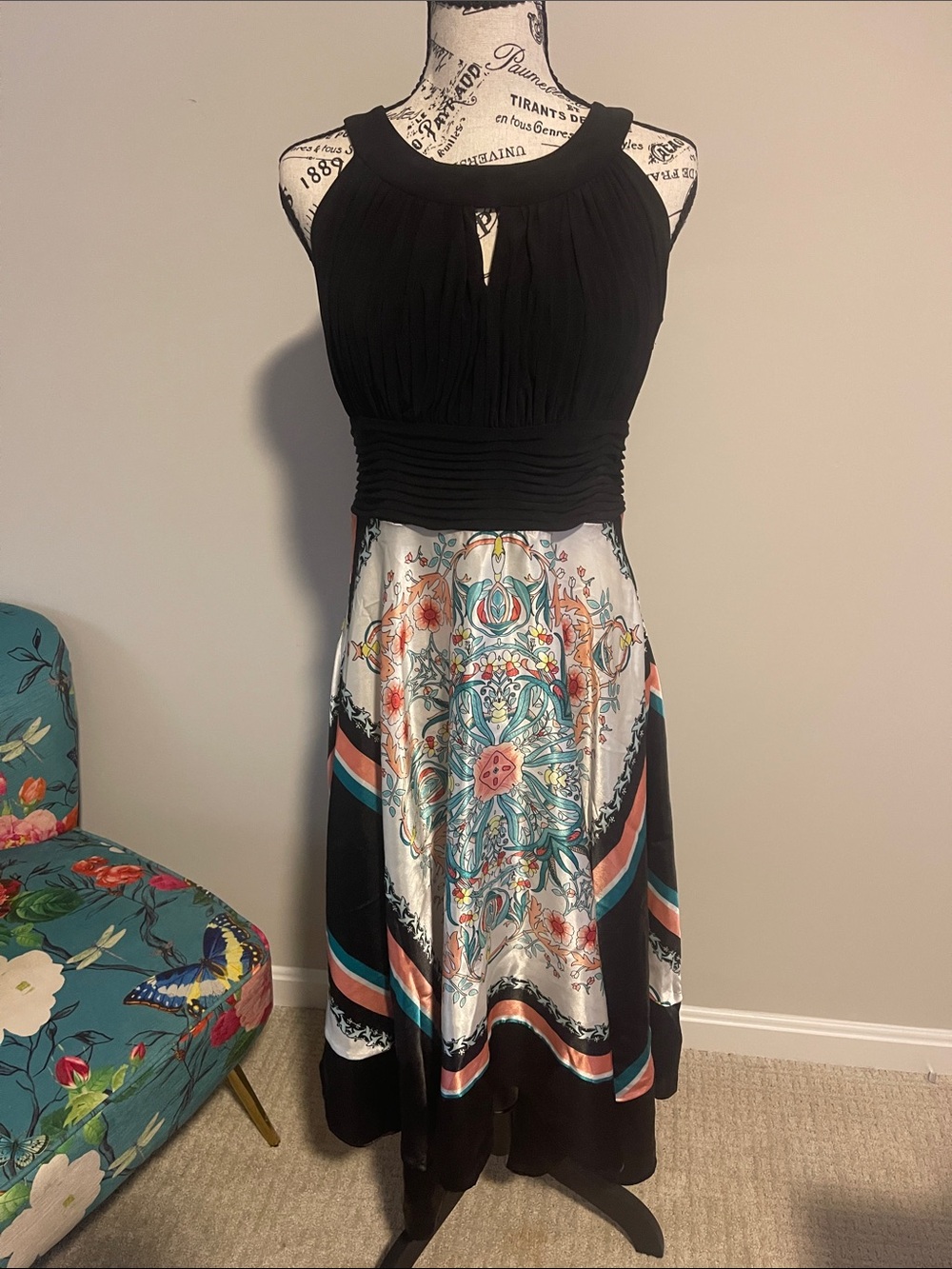 Black Halter Dress with Multicolor Scarf-Print Skirt